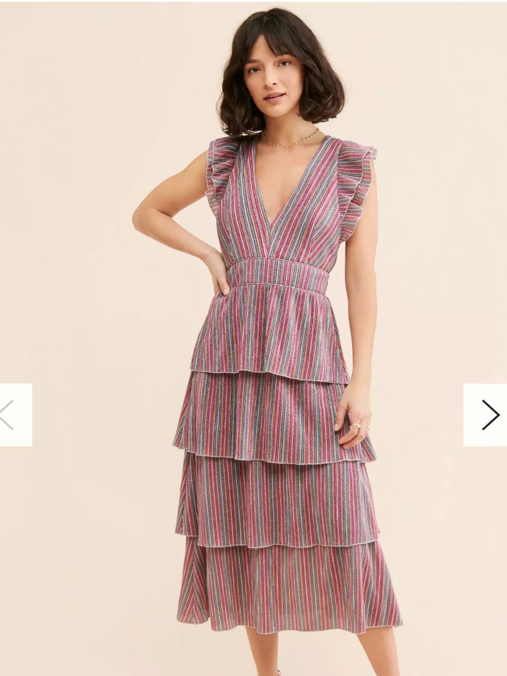 SAYLOR Luba Dress. Tiered Ruffled V‑Neck Dress in Multi Pink Stripe. Size S